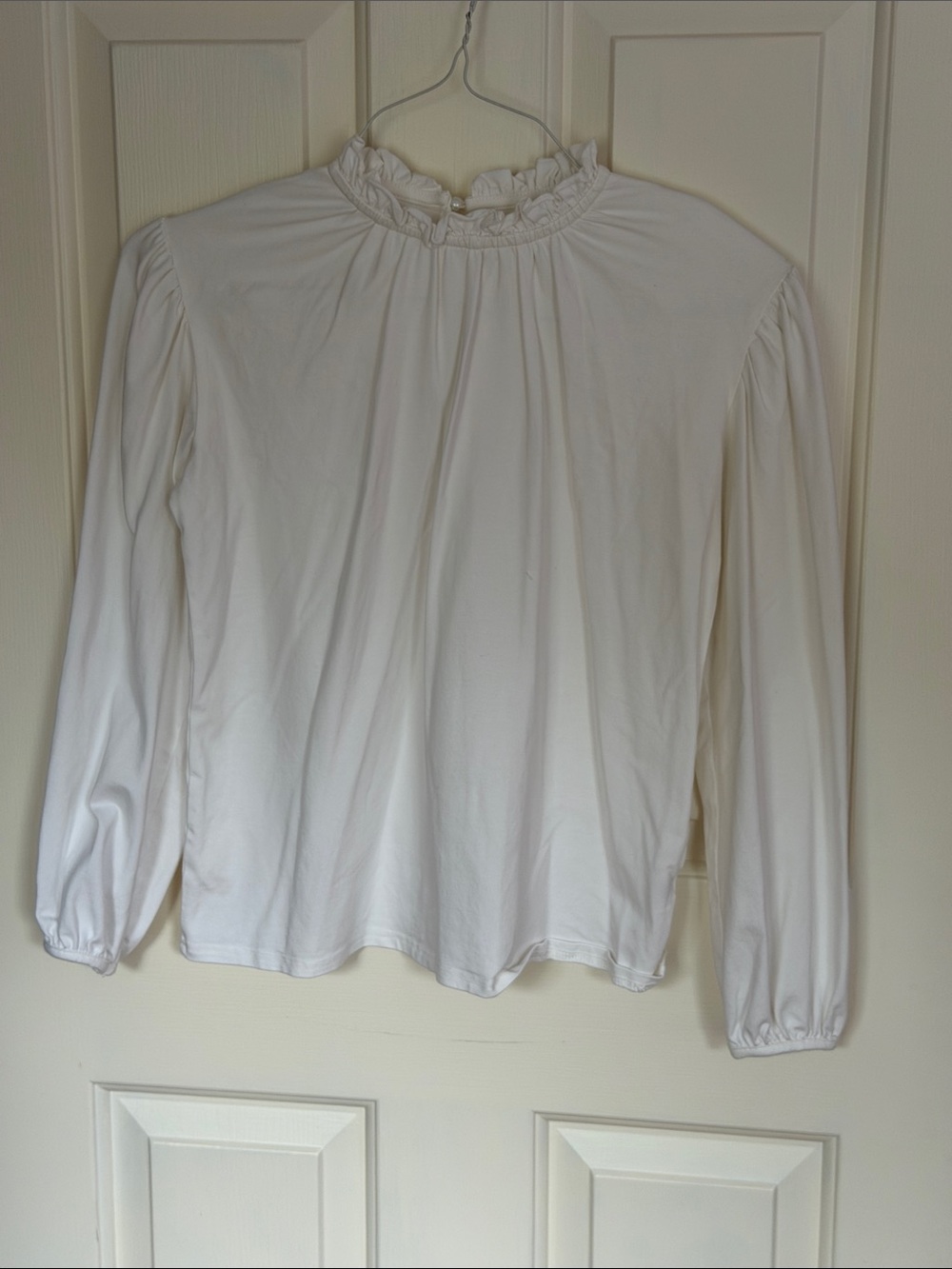 White Ruffled Neck Long-Sleeve Top